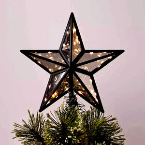 Lit Mirrored Star Christmas Tree Topper Black 11.4" Reflective 5-Point Holiday